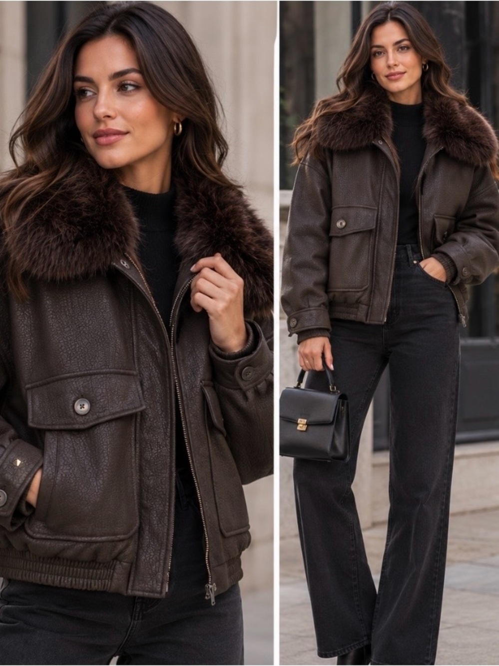 ZARA Chocolate Brown Faux Leather Bomber Jacket with Removable Faux Fur Collar